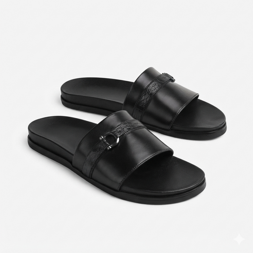 The Milano Noir Handcrafted Black Leather Crocodile-Embossed Strap Sandals for Men
