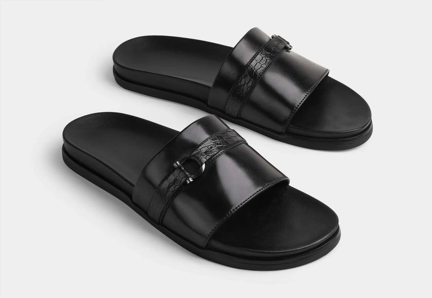 The Milano Noir Handcrafted Black Leather Crocodile-Embossed Strap Sandals for Men