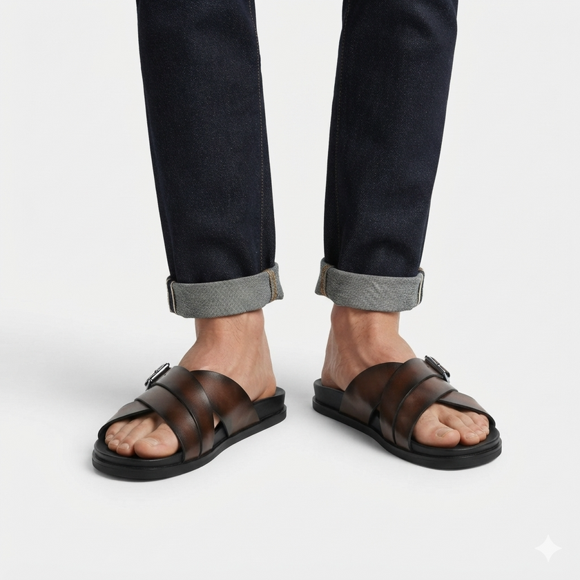 The Milano Moro Handcrafted Dark Brown Leather Cross-Strap Slide Sandals for Men
