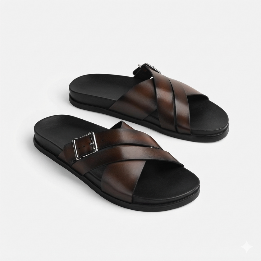 The Milano Moro Handcrafted Dark Brown Leather Cross-Strap Slide Sandals for Men