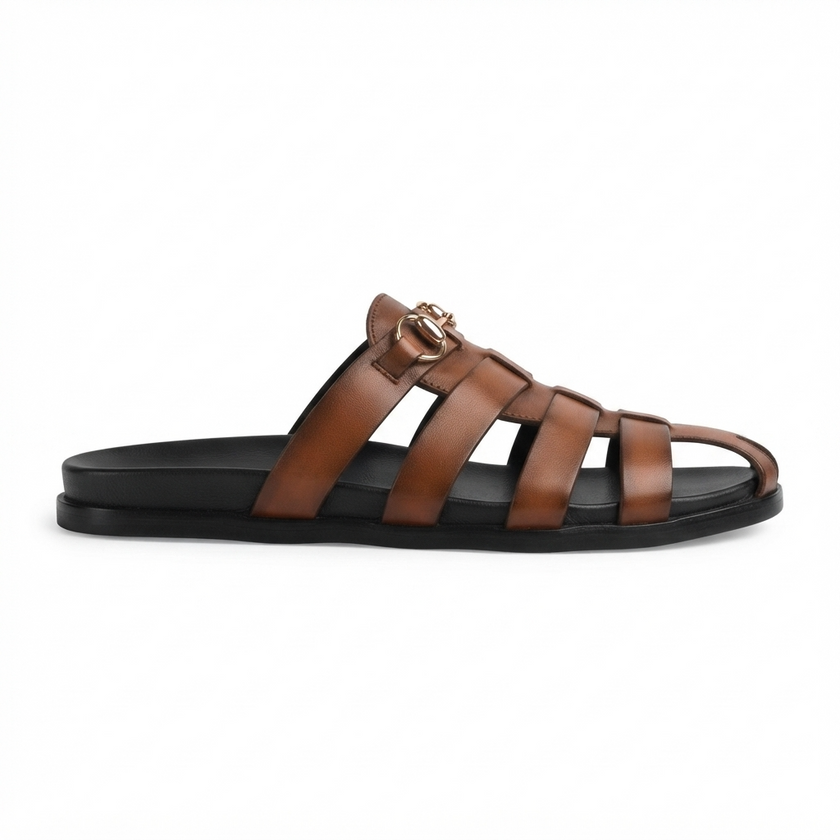 The Torino Cognac Handcrafted Brown Leather Woven Fisherman Sandals for Men