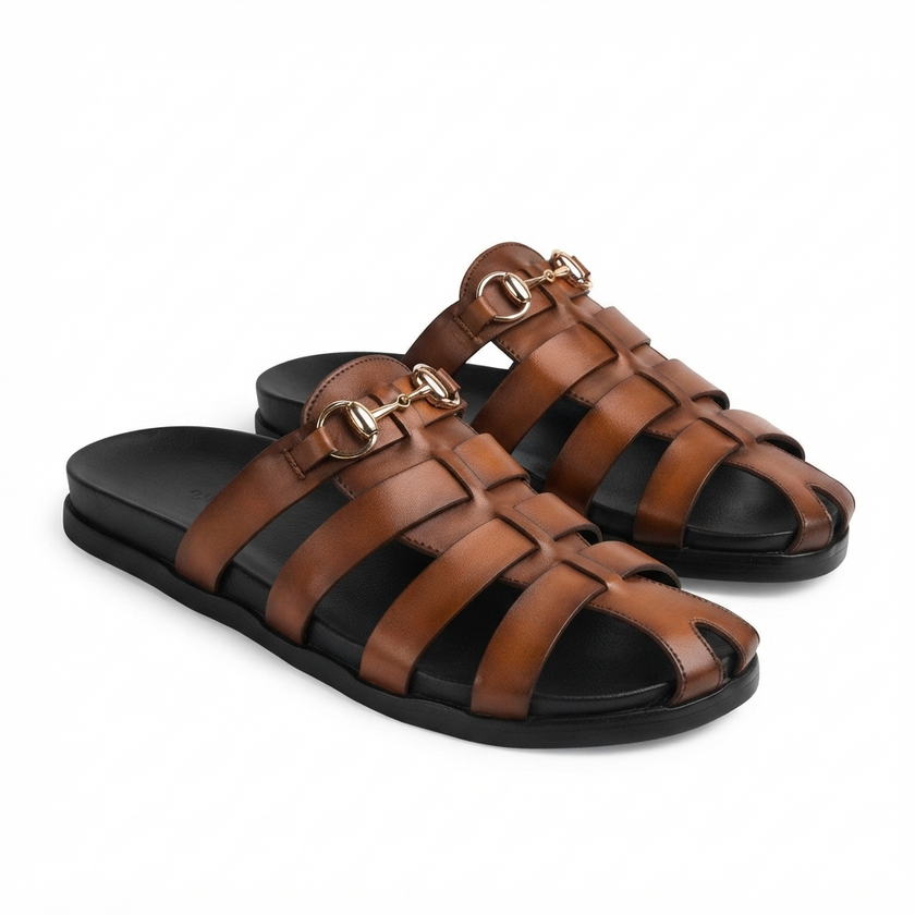 The Torino Cognac Handcrafted Brown Leather Woven Fisherman Sandals for Men