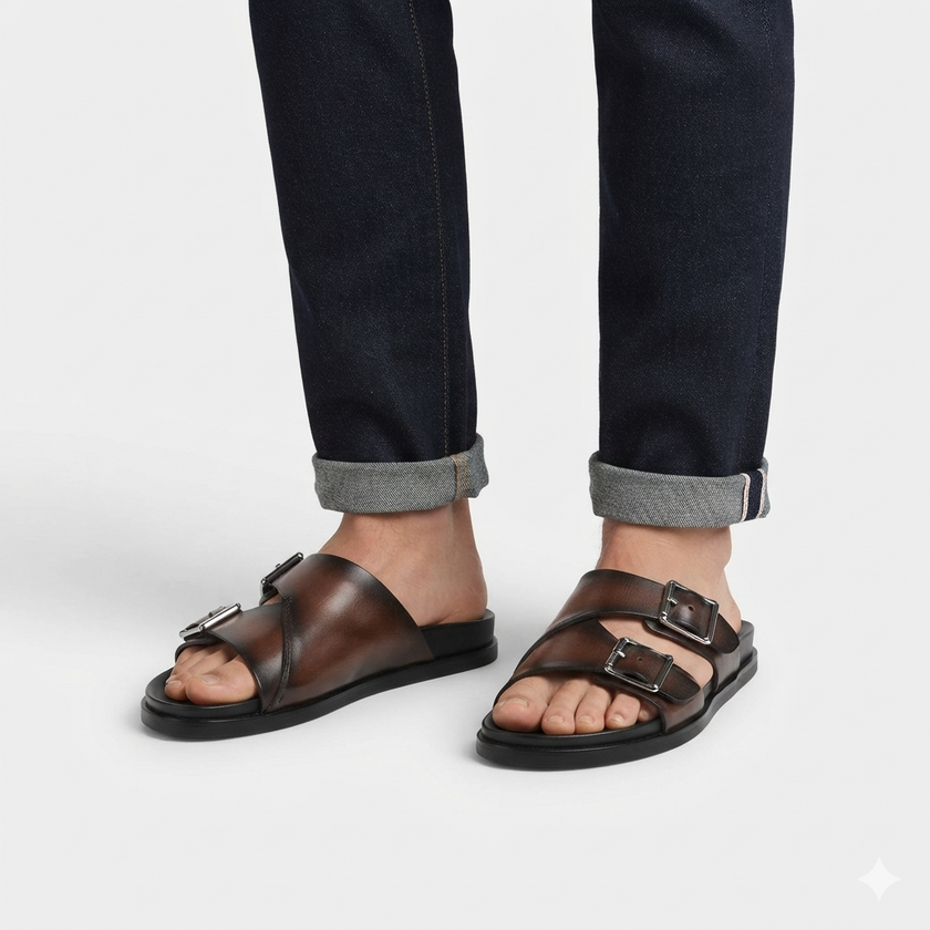 The Milano Espresso Handcrafted Brown Leather Double Strap Slide Sandals for Men