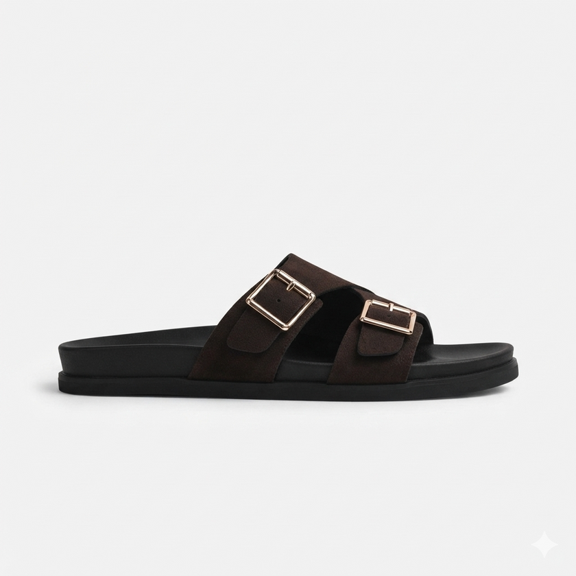 The Torino Espresso Handcrafted Dark Brown Suede Double Strap Slide Sandals for Men