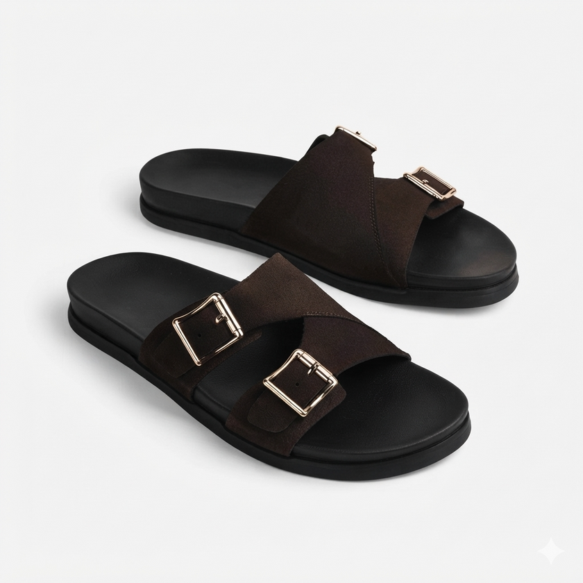 The Torino Espresso Handcrafted Dark Brown Suede Double Strap Slide Sandals for Men