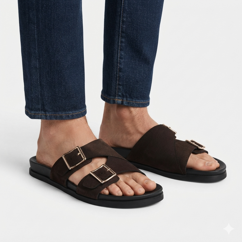 The Torino Espresso Handcrafted Dark Brown Suede Double Strap Slide Sandals for Men