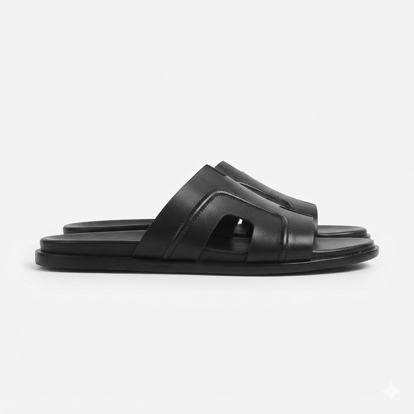 The Milano Nero Handcrafted Black Leather Cutout Slide Sandals for Men