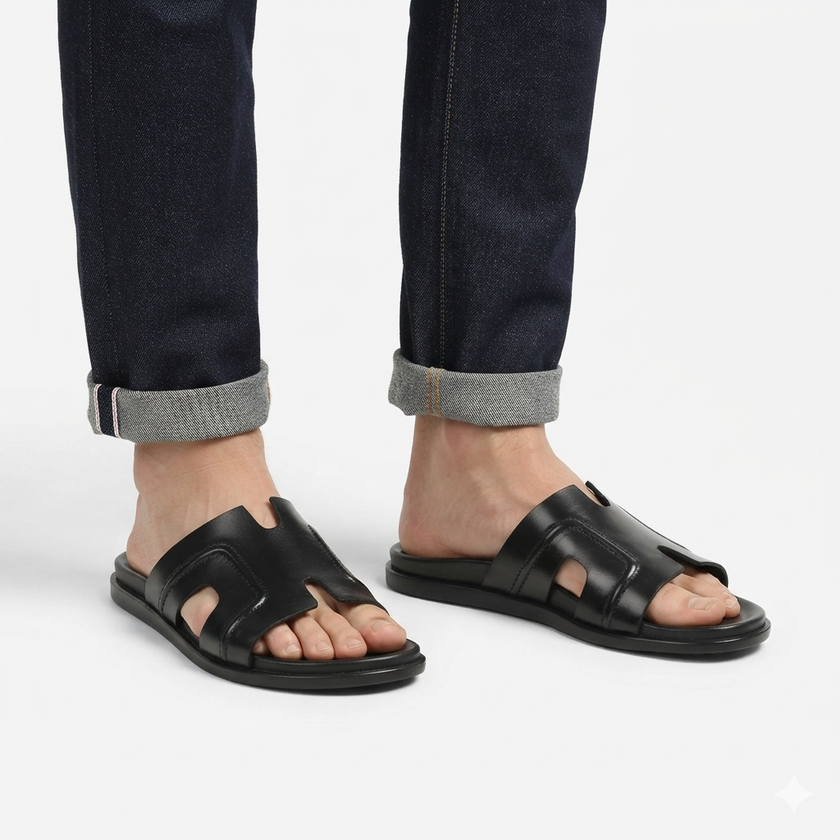 The Milano Nero Handcrafted Black Leather Cutout Slide Sandals for Men