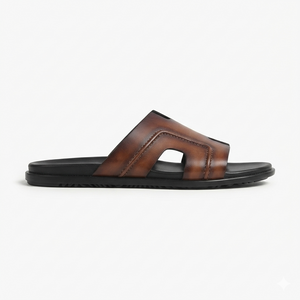 The Firenze Cognac Handcrafted Brown Leather Cutout Slide Sandals for Men