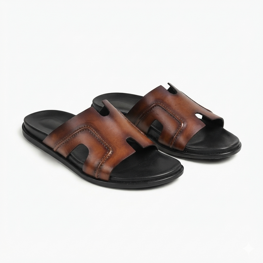 The Firenze Cognac Handcrafted Brown Leather Cutout Slide Sandals for Men