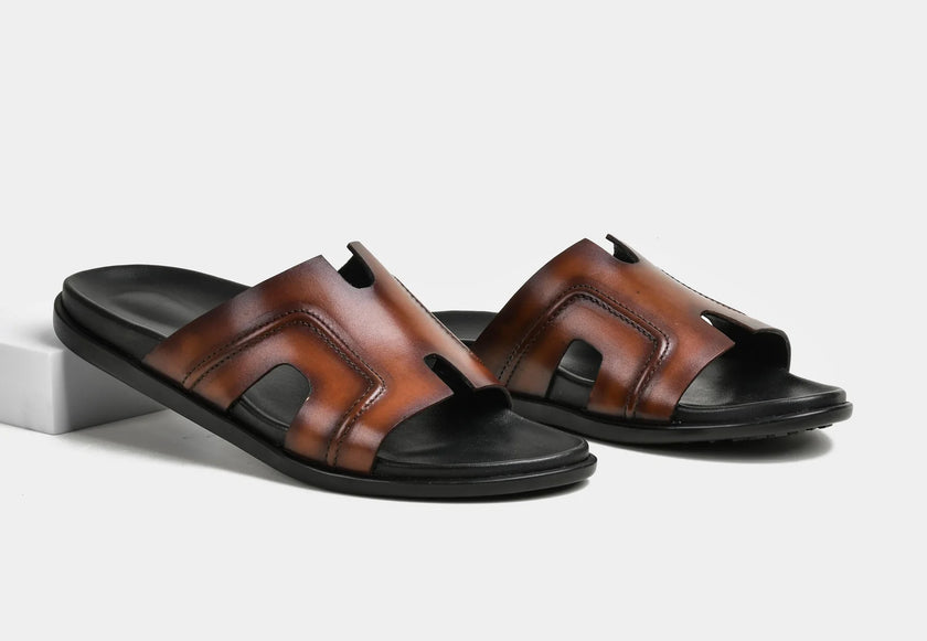 The Firenze Cognac Handcrafted Brown Leather Cutout Slide Sandals for Men
