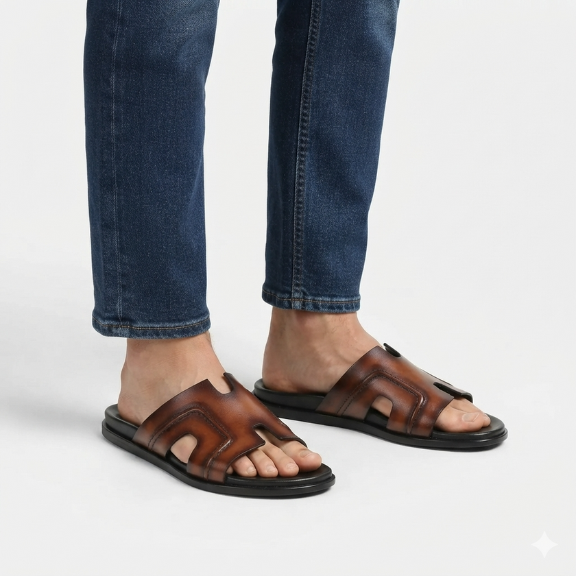 The Firenze Cognac Handcrafted Brown Leather Cutout Slide Sandals for Men