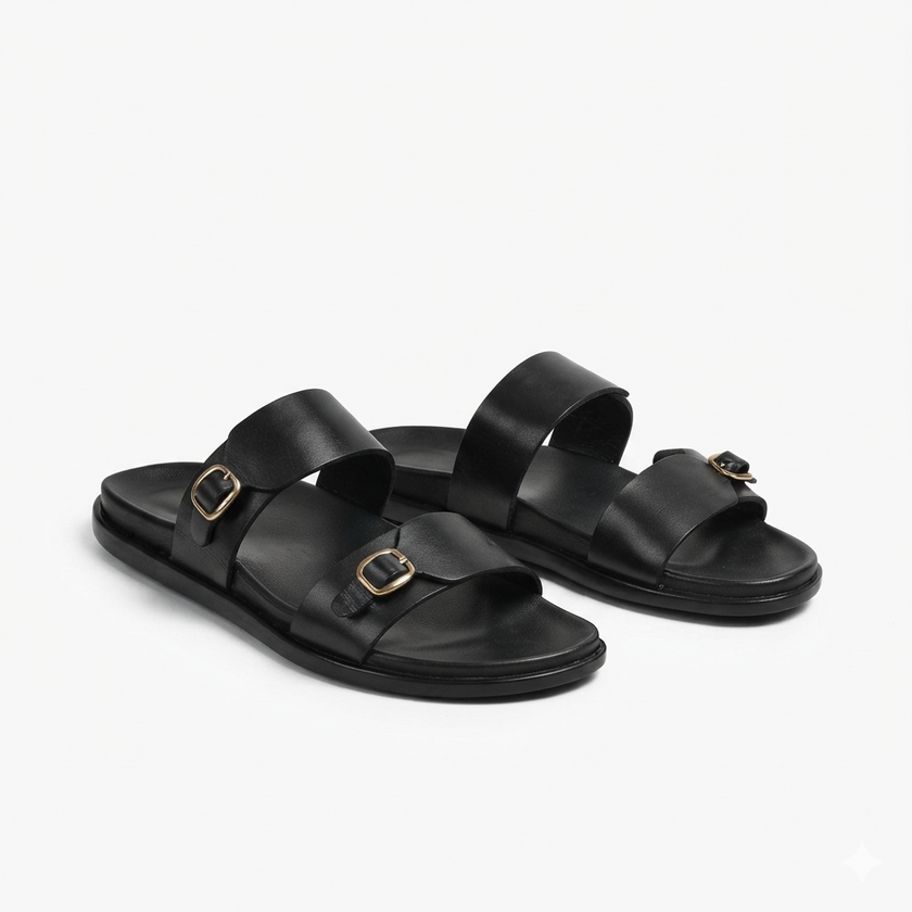 The Milano Nero Handcrafted Black Leather Double Strap Sandals for Men