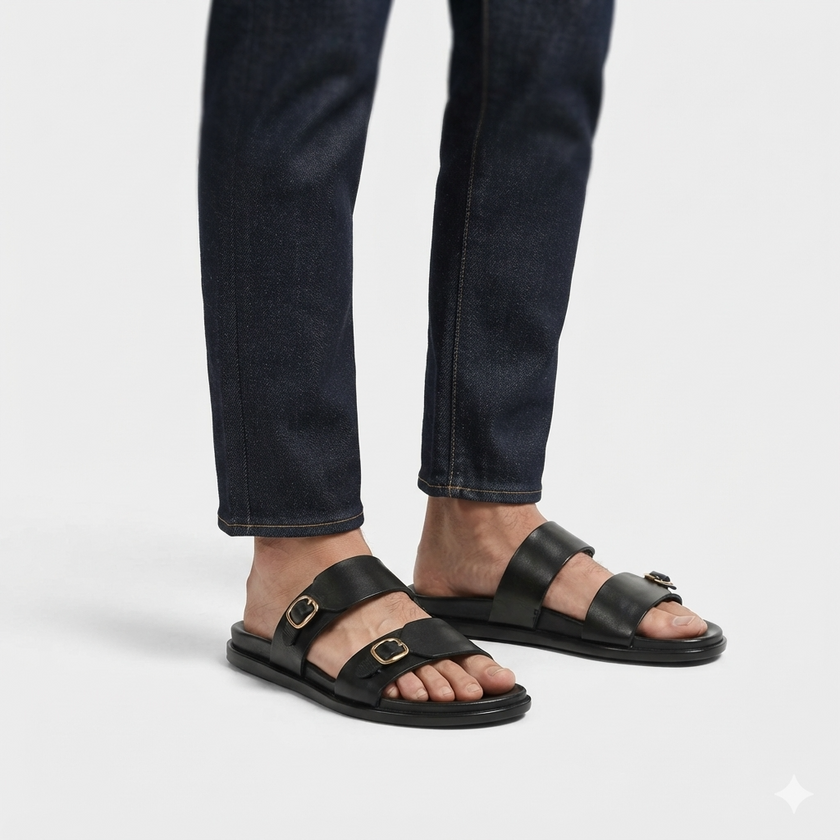 The Milano Nero Handcrafted Black Leather Double Strap Sandals for Men
