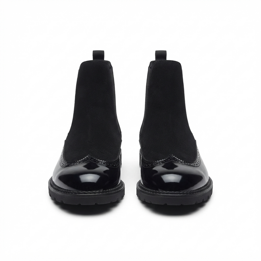 The Cammello Brogue Chelsea Boot for Men Black Suede Polished Toe Chunky Lug Sole