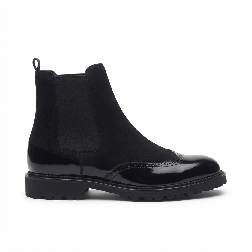 The Cammello Brogue Chelsea Boot for Men Black Suede Polished Toe Chunky Lug Sole