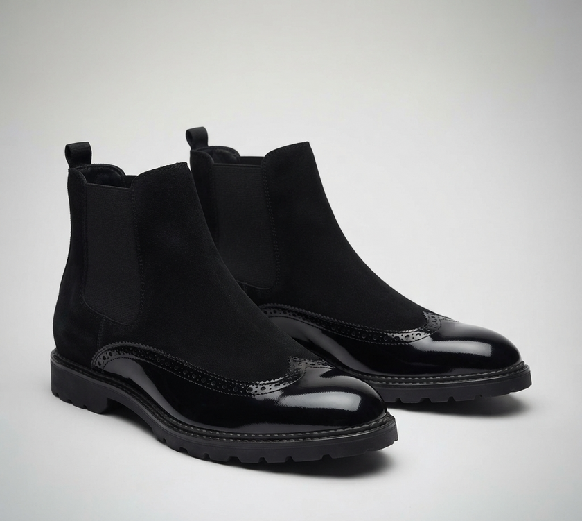The Cammello Brogue Chelsea Boot for Men Black Suede Polished Toe Chunky Lug Sole