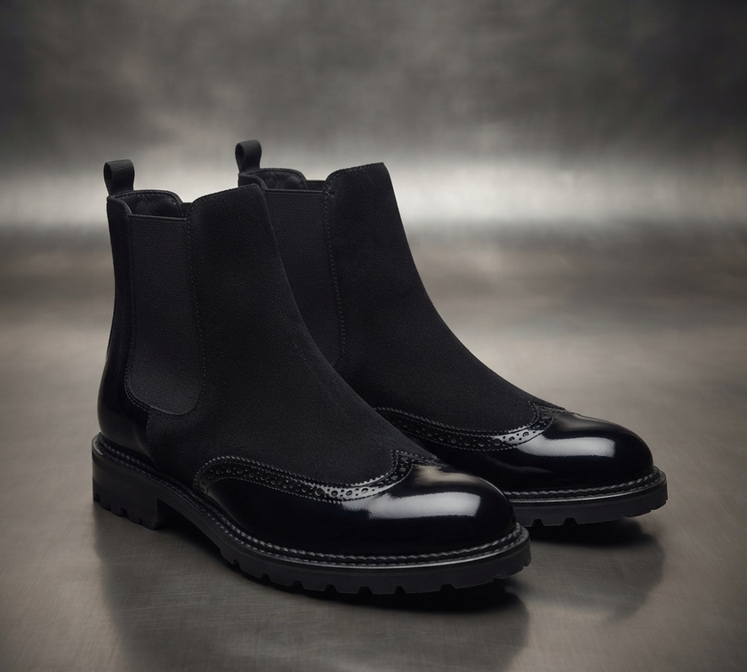 The Cammello Brogue Chelsea Boot for Men Black Suede Polished Toe Chunky Lug Sole