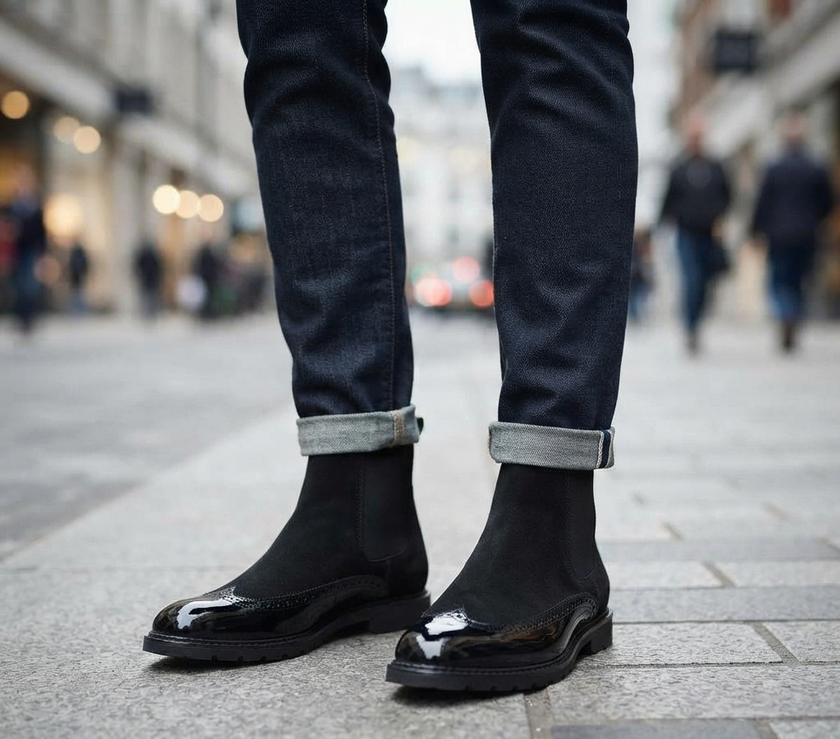 The Cammello Brogue Chelsea Boot for Men Black Suede Polished Toe Chunky Lug Sole