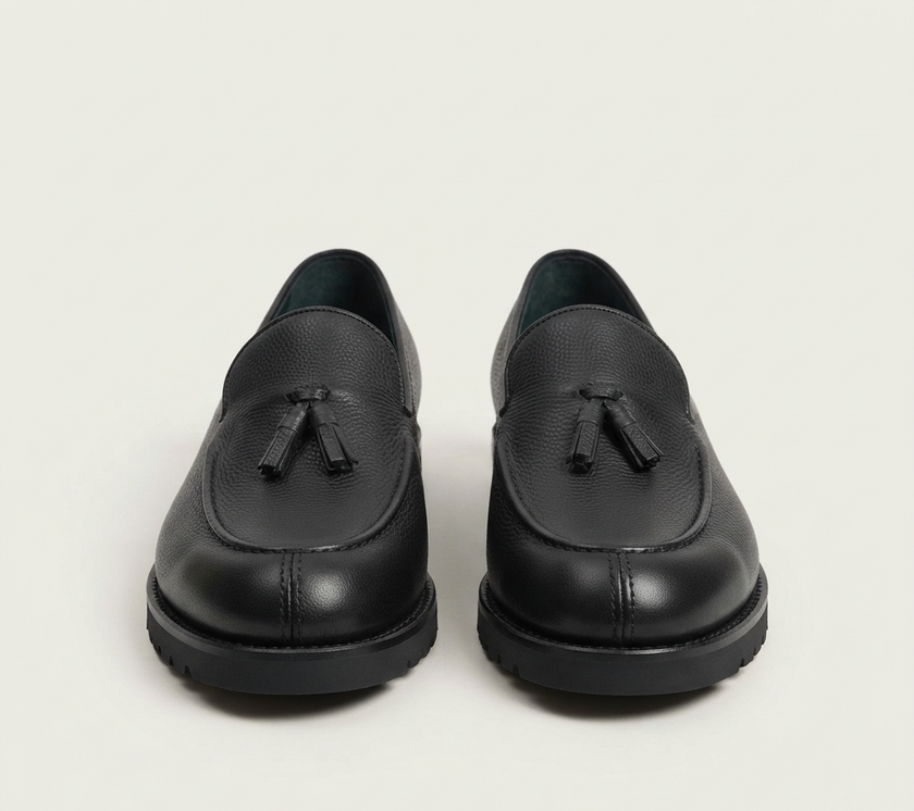 The Rimini Chunky Handcrafted Black Leather Lug Sole Tassel Loafers for Men