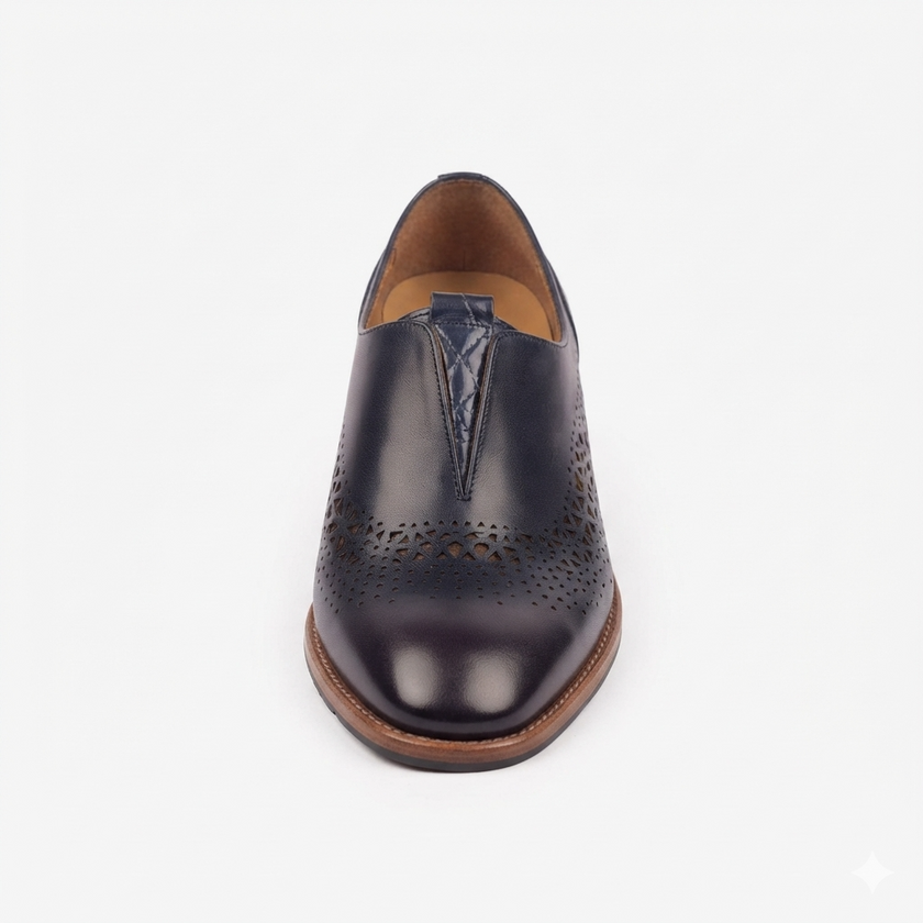 The Galleria Handcrafted Navy Blue Perforated Leather Loafers with brown sole for Men