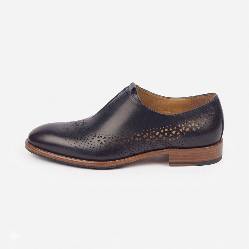 The Galleria Handcrafted Navy Blue Perforated Leather Loafers with brown sole for Men