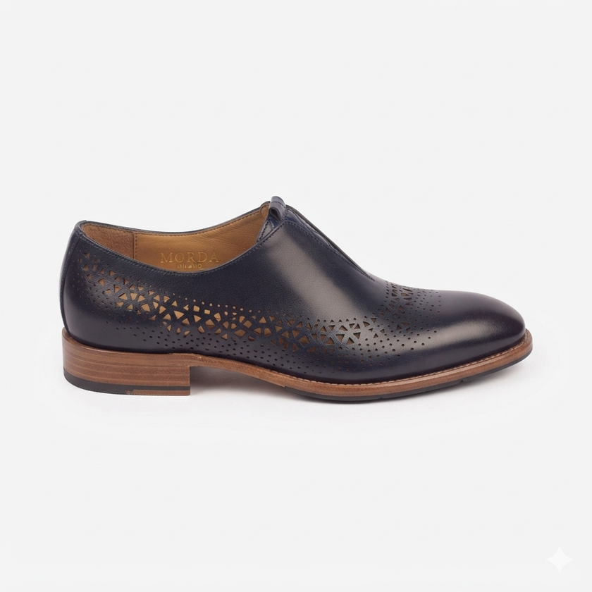 The Galleria Handcrafted Navy Blue Perforated Leather Loafers with brown sole for Men