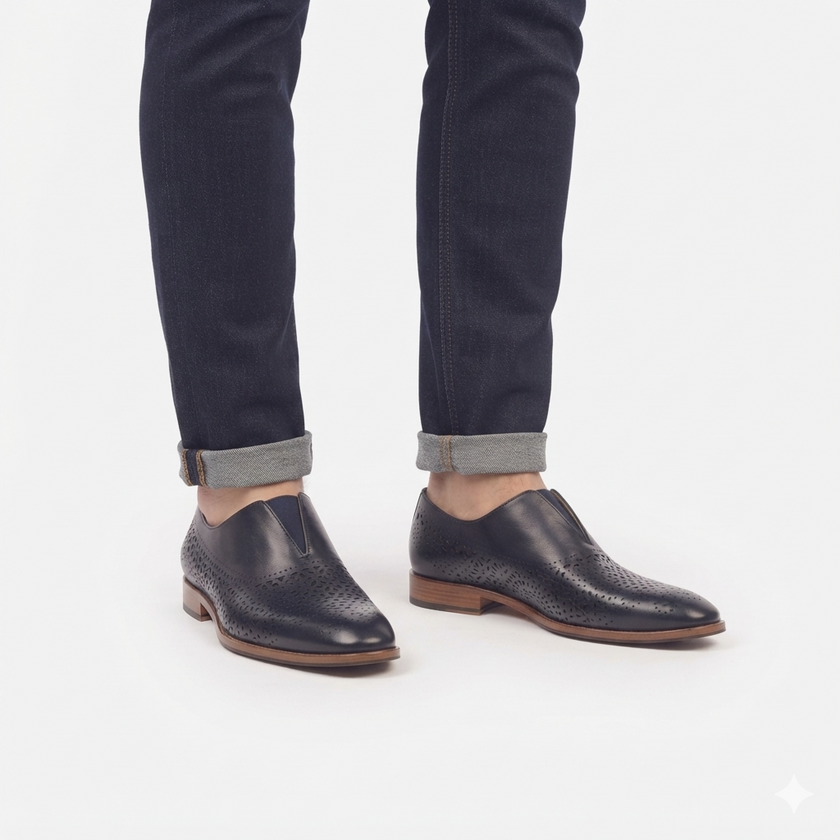 The Galleria Handcrafted Navy Blue Perforated Leather Loafers with brown sole for Men