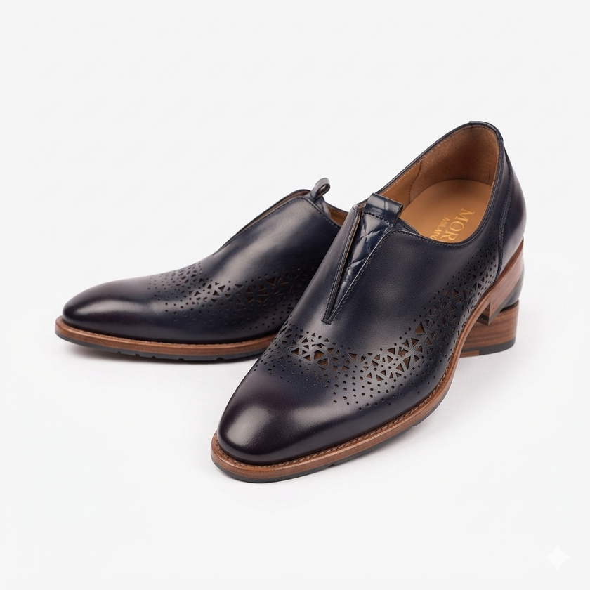 The Galleria Handcrafted Navy Blue Perforated Leather Loafers with brown sole for Men