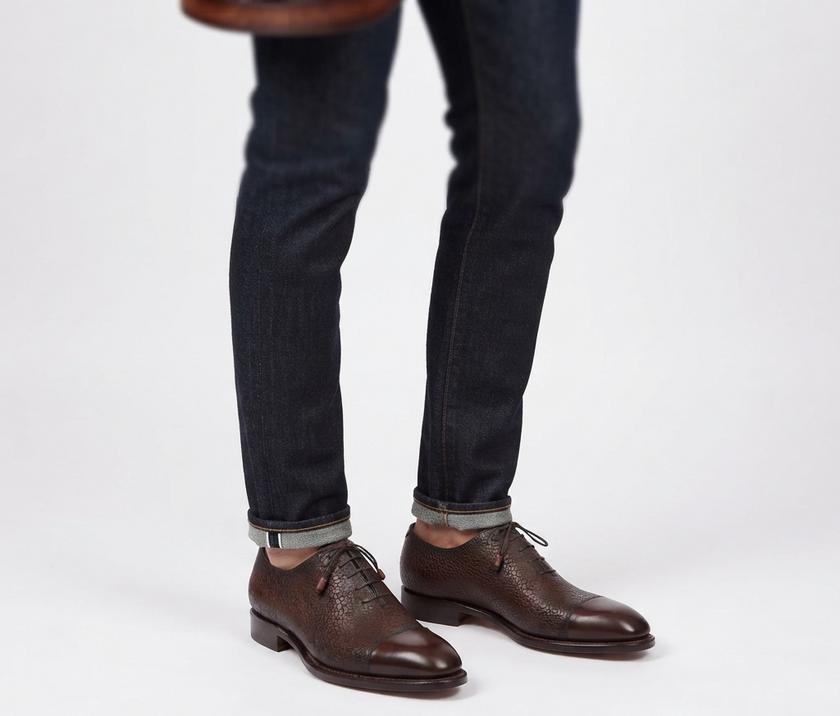The Rafael Handcrafted Dark Brown Textured Leather Cap Toe Oxford Shoes for Men