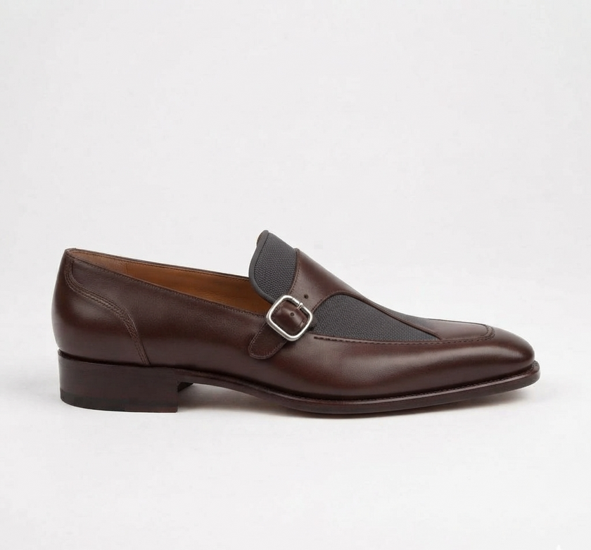 The Duomo Handcrafted Dark Brown Buckle Contrast Panel Leather Monk straps for Men
