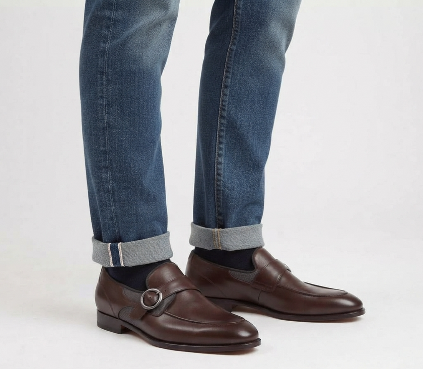 The Duomo Handcrafted Dark Brown Buckle Contrast Panel Leather Monk straps for Men