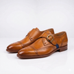The Castango Brogue Handcrafted Tan Brown Cap Toe Blue Accent Monk Strap Shoes for Men