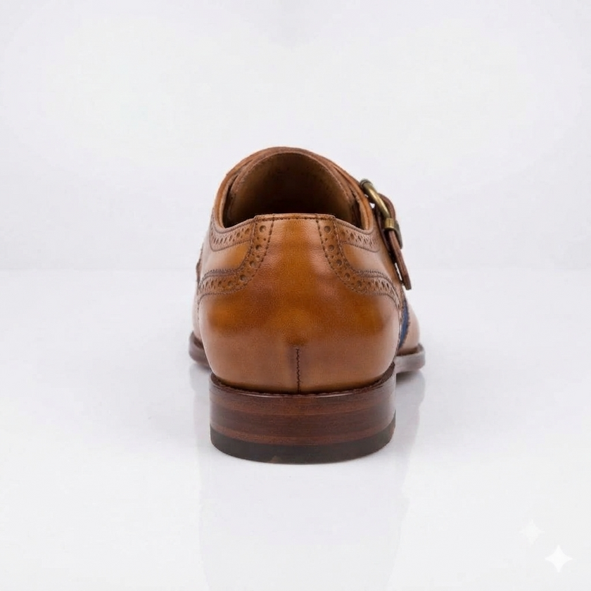 The Castango Brogue Handcrafted Tan Brown Cap Toe Blue Accent Monk Strap Shoes for Men