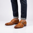 The Castango Brogue Handcrafted Tan Brown Cap Toe Blue Accent Monk Strap Shoes for Men