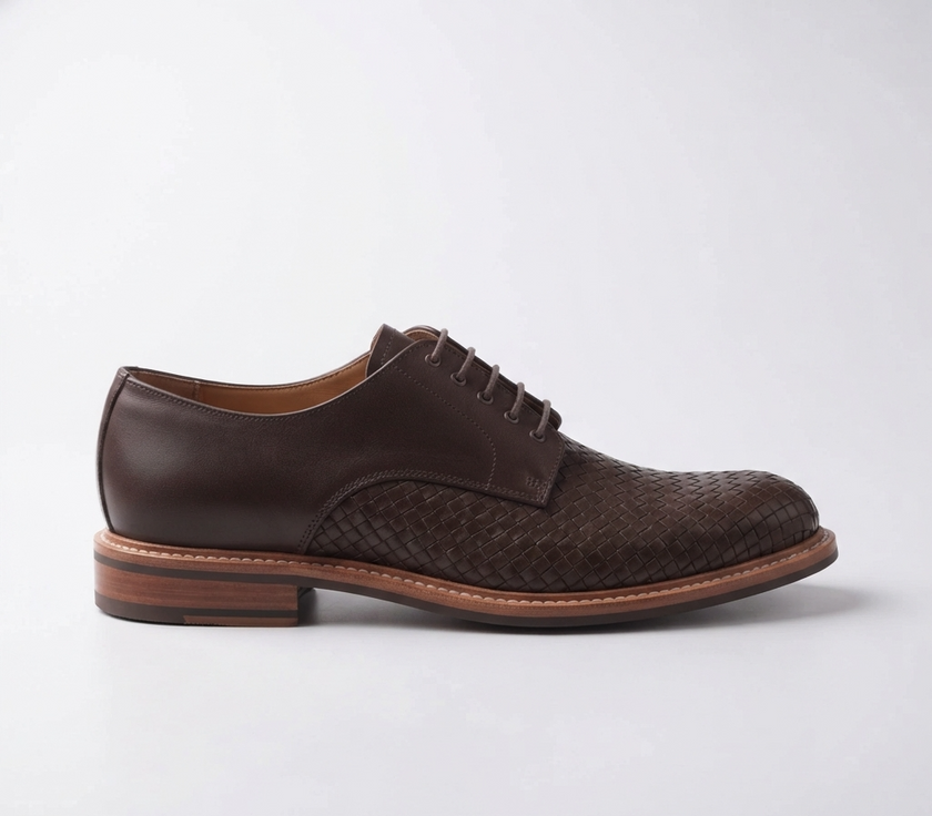 The Treviso Handcrafted Dark Brown Woven Leather Toe Derby Shoes for Men