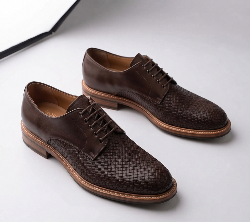 The Treviso Handcrafted Dark Brown Woven Leather Toe Derby Shoes for Men