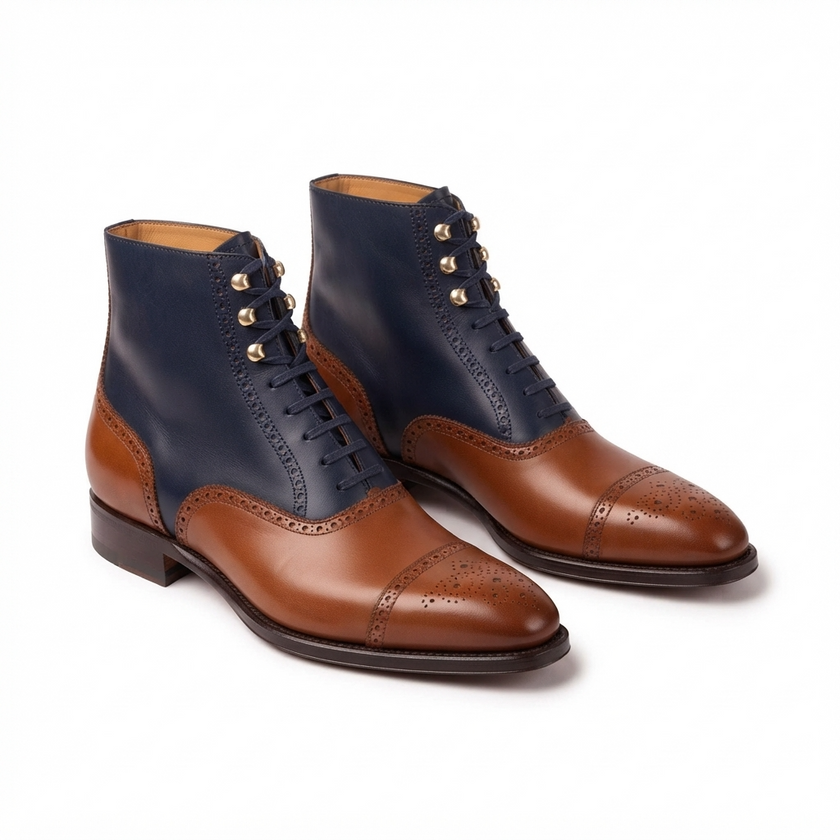 The Vetara Handcrafted Two-Tone Navy & Cognac Leather Brogue Lace-Up Boots for Men