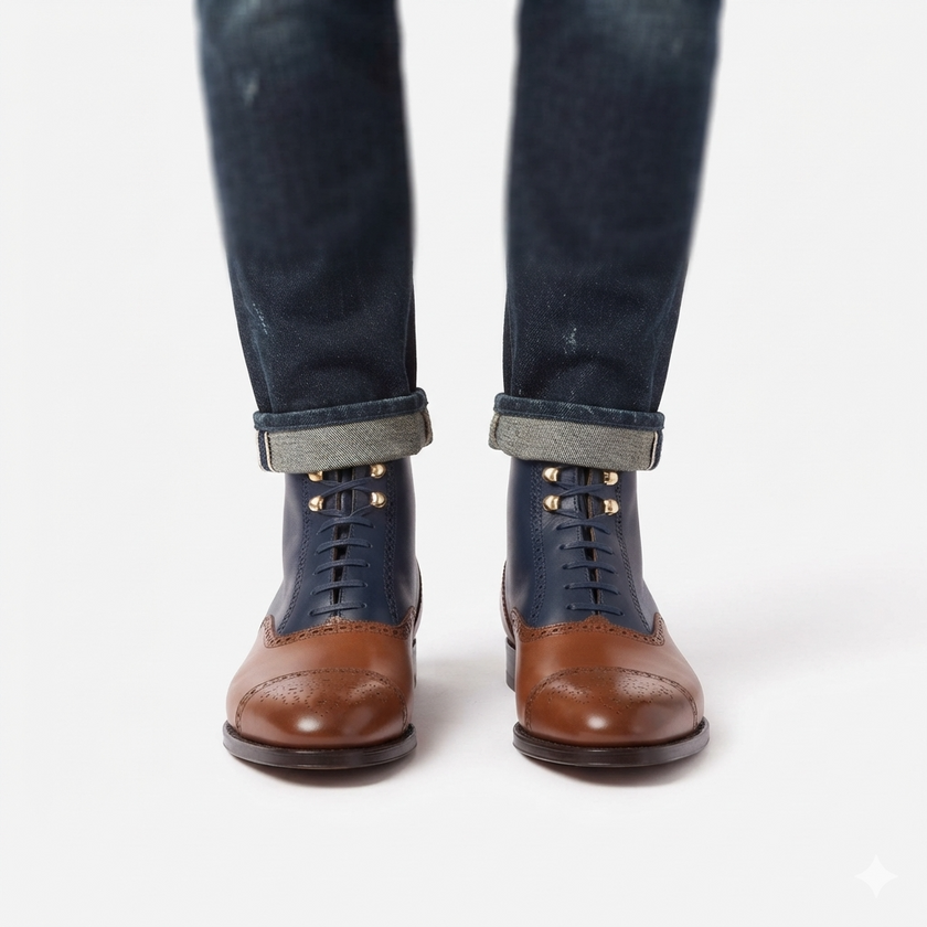 The Vetara Handcrafted Two-Tone Navy & Cognac Leather Brogue Lace-Up Boots for Men