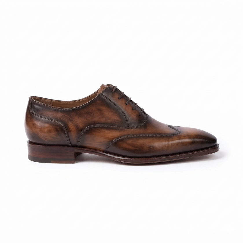 The Firenze Handcrafted Burnished Brown Leather Wingtip Oxford Shoes for Men