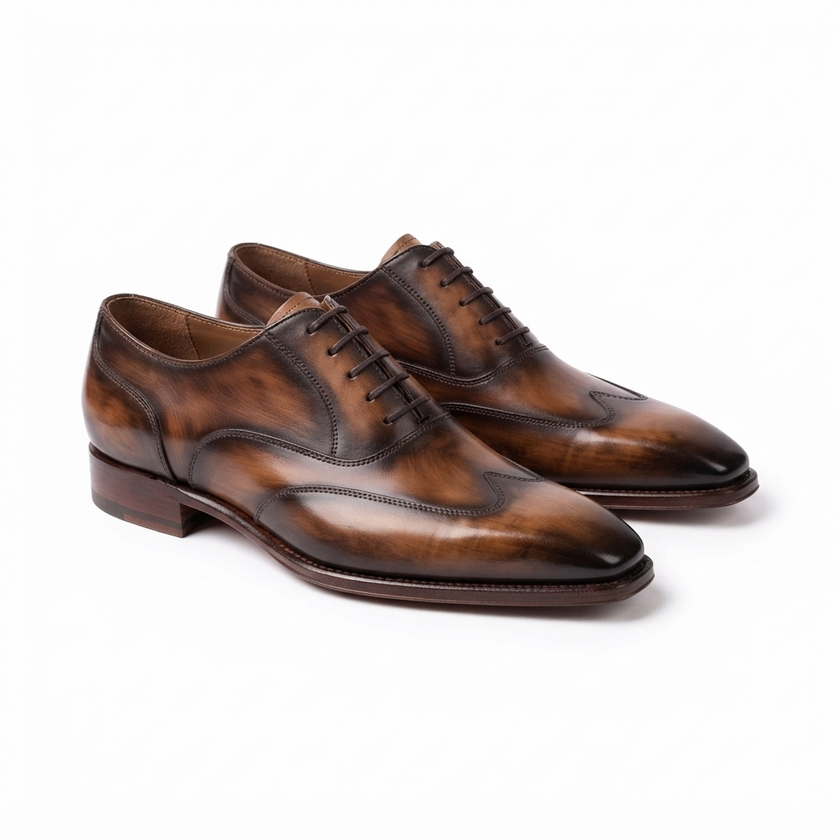 The Firenze Handcrafted Burnished Brown Leather Wingtip Oxford Shoes for Men