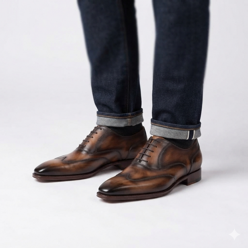 The Firenze Handcrafted Burnished Brown Leather Wingtip Oxford Shoes for Men