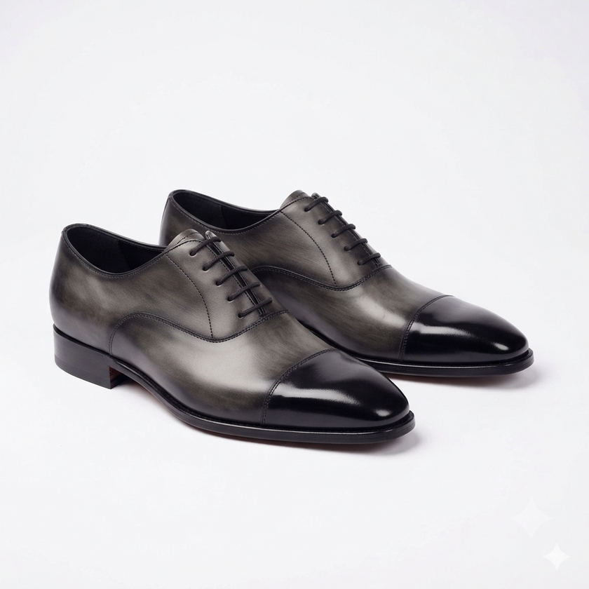 The Monaco Sleek Grey & Black Leather Cap-Toe Oxford Shoes for Men