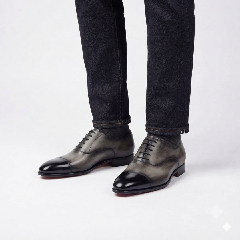 The Monaco Sleek Grey & Black Leather Cap-Toe Oxford Shoes for Men