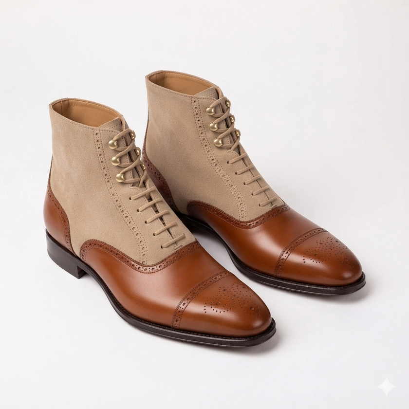The Monaco Heritage Tan & Beige Leather Brogue Ankle Boots for Men