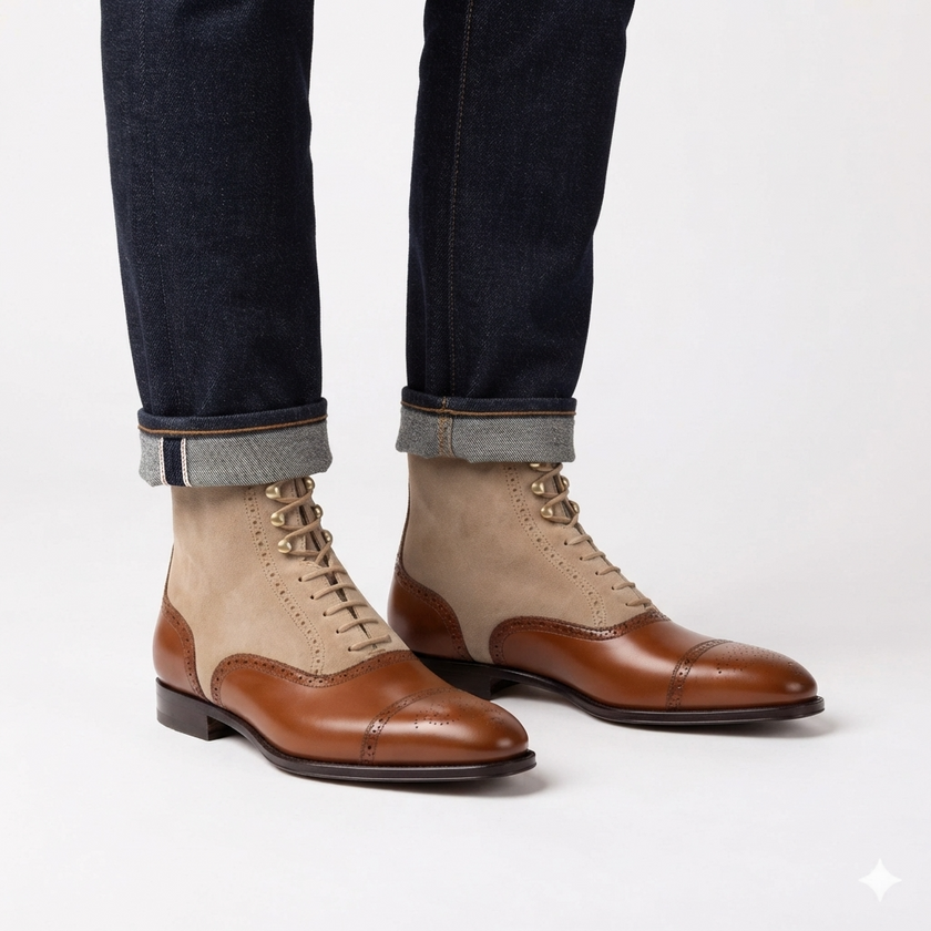 The Monaco Heritage Tan & Beige Leather Brogue Ankle Boots for Men