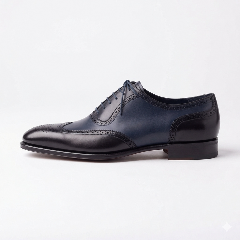 The Fermo Handcrafted Leather Navy & Black Wingtip Brogue Oxford Shoes for Men