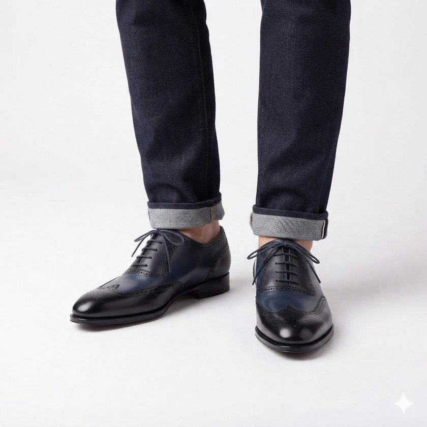 The Fermo Handcrafted Leather Navy & Black Wingtip Brogue Oxford Shoes for Men