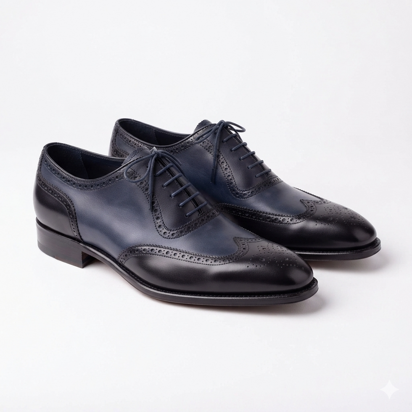The Fermo Handcrafted Leather Navy & Black Wingtip Brogue Oxford Shoes for Men