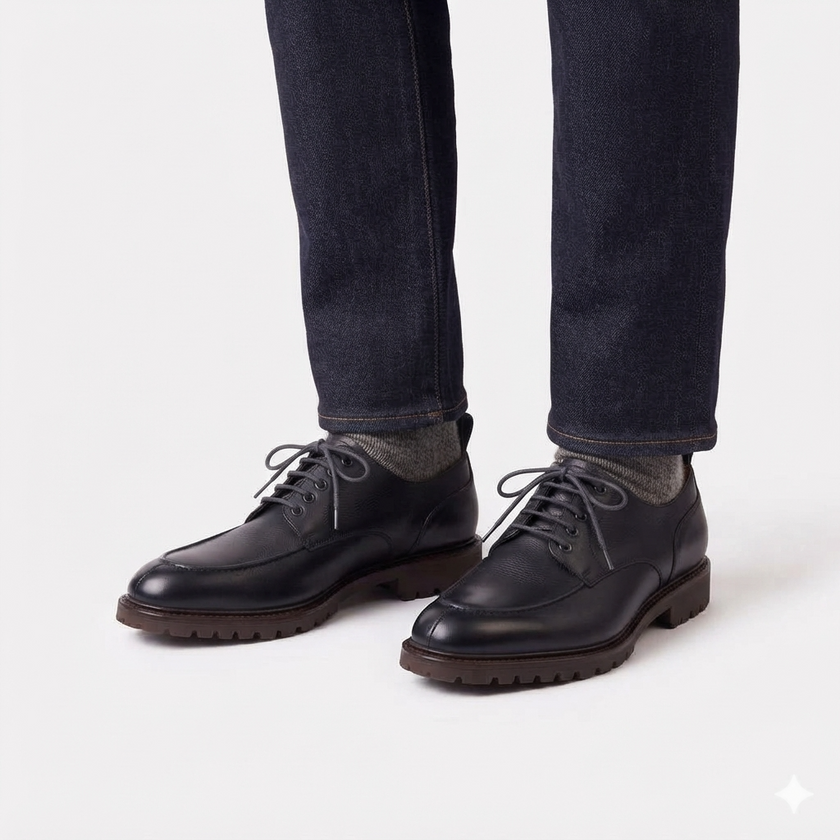 The Lucca Handcrafted Leather Black Lug Sole Derby Shoes for Men